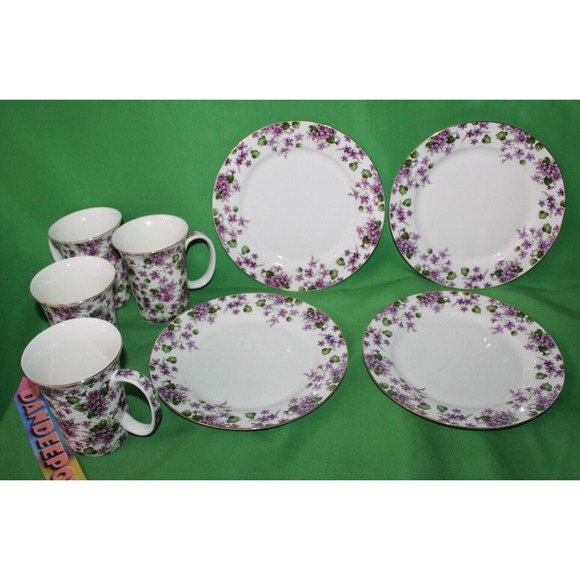 8 Piece Violets Purple Floral Grace's Teaware 4 Mugs 4 Plates Tea Coffee Serving - Picture 11 of 13